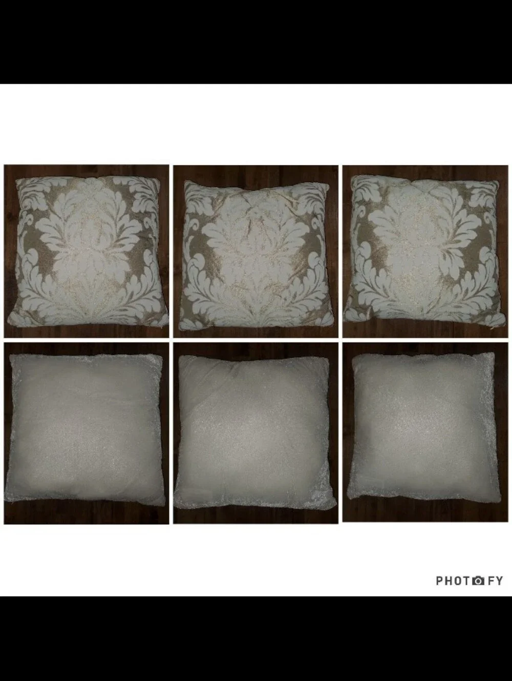 3 Vintage Gold & Ivory Cream Velour Velvet Damask Decorative Home Throw Pillows
